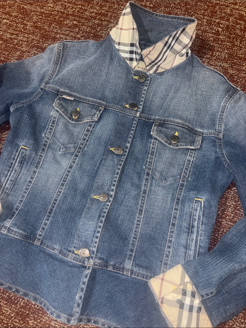 Burberry denim jacket nova check collar /sleeve fitted designer casual jacket 10